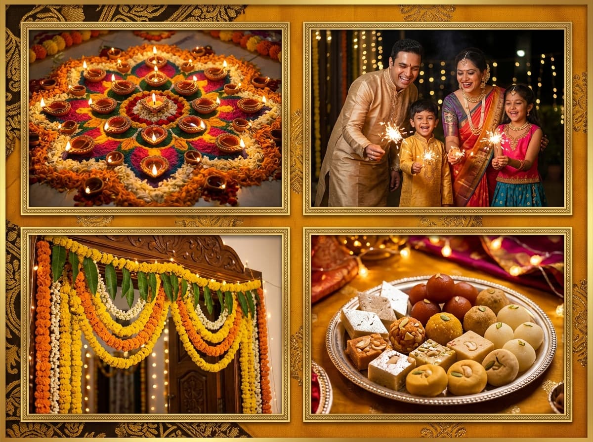 Diwali festival photo collage example with warm golden borders, made online free without watermark
